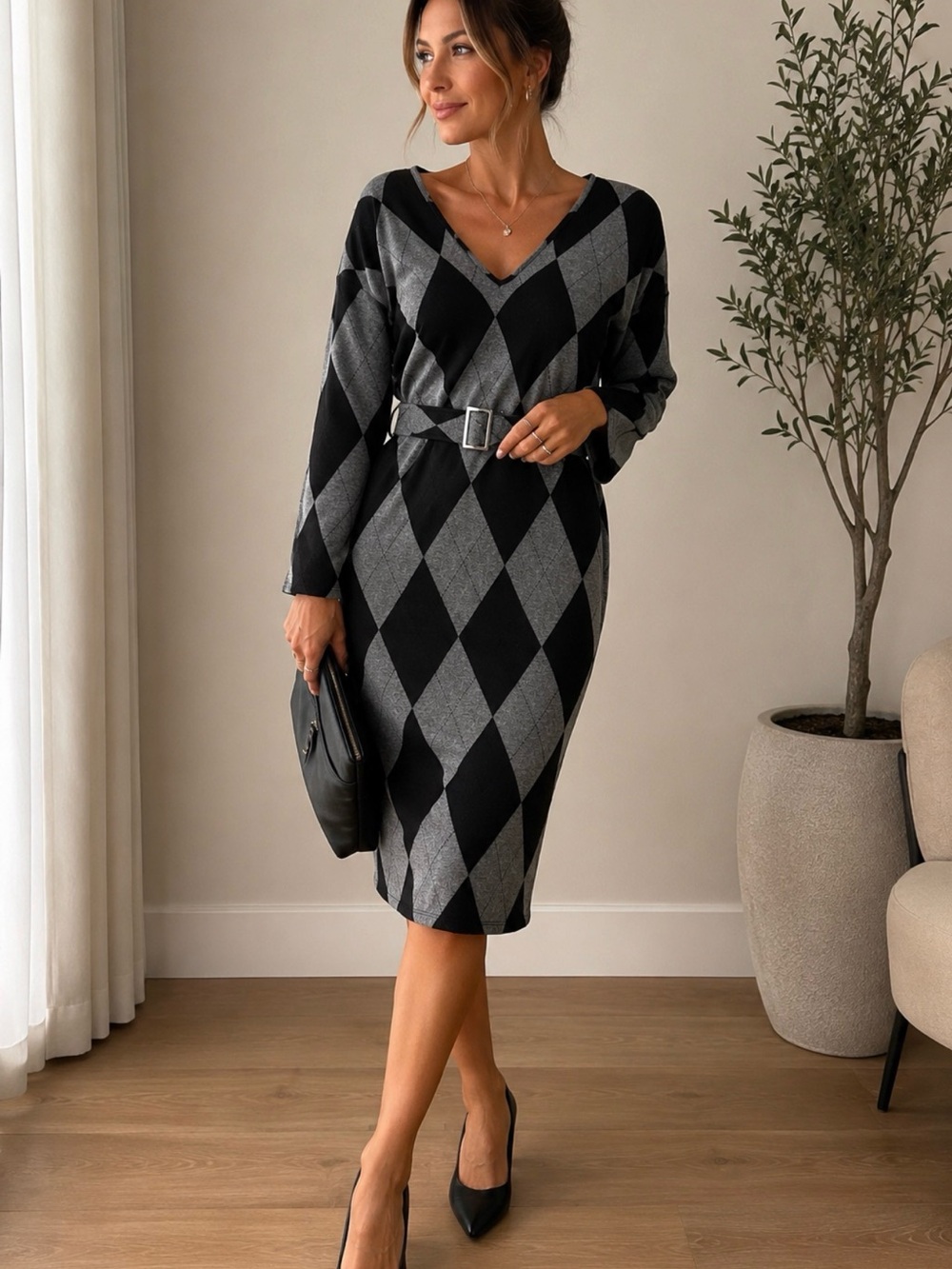 Zara Black & Gray V-Neck Argyle Knit Belted Midi Dress